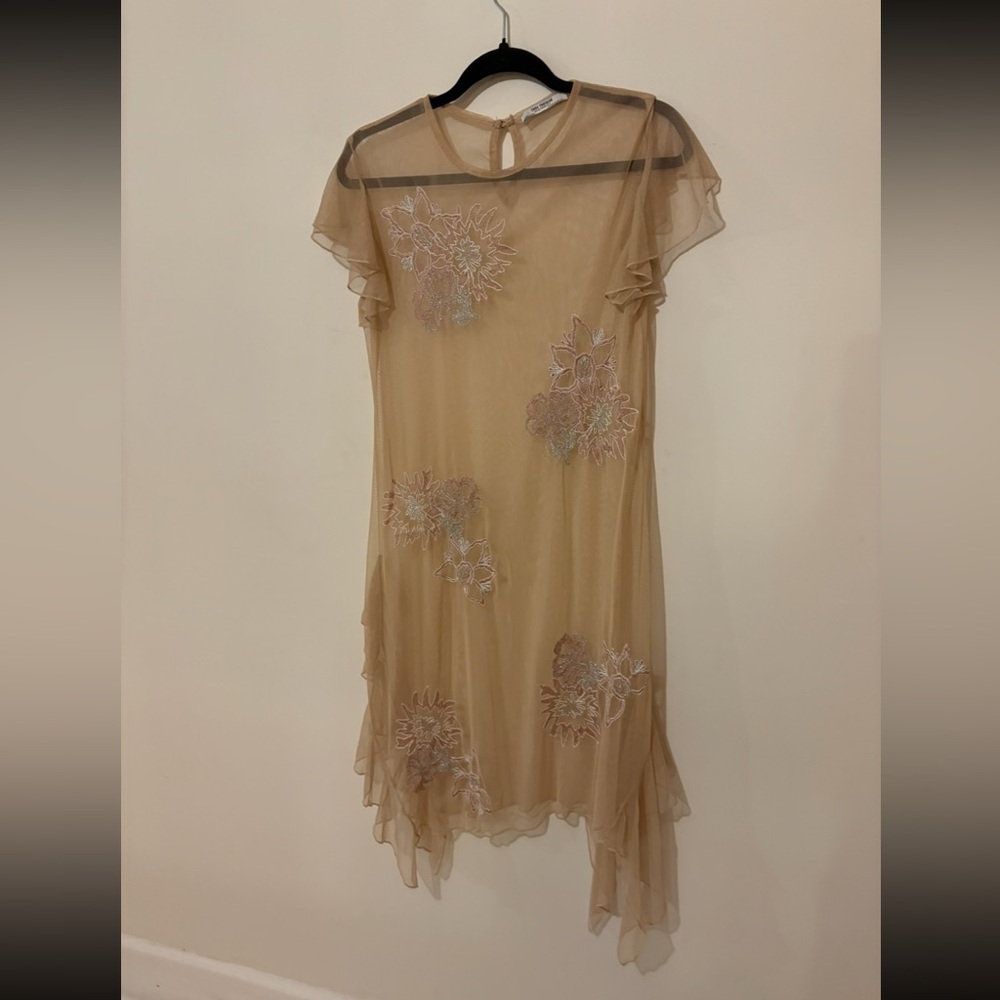 Zara Asymmetrical Sheer Dress with Floral Embroidery